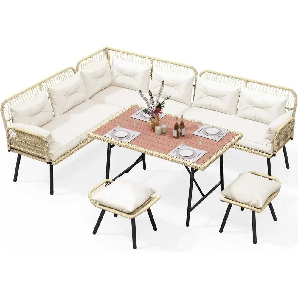 Outdoor Conversation Sofa Set for Backyard ,with Soft Cushions, L-Shaped Furniture Set ,Ottomans and Plastic Wood Dining Table