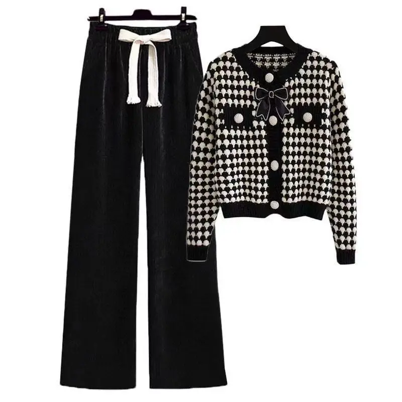 チェック柄長袖Vネックボタンカーディガン トップス 伸縮性ハイウエストカジュアルファッションパンツ レディーススーツ