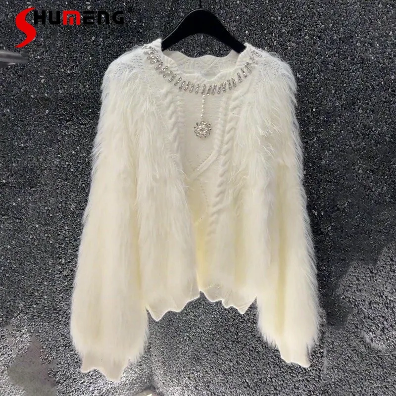 

Autumn New Ladies Fashion Elegant Beaded Diamond O-neck Tassels Sweater Women's Rhinestone Thick Loose Long Sleeves Knitted Top