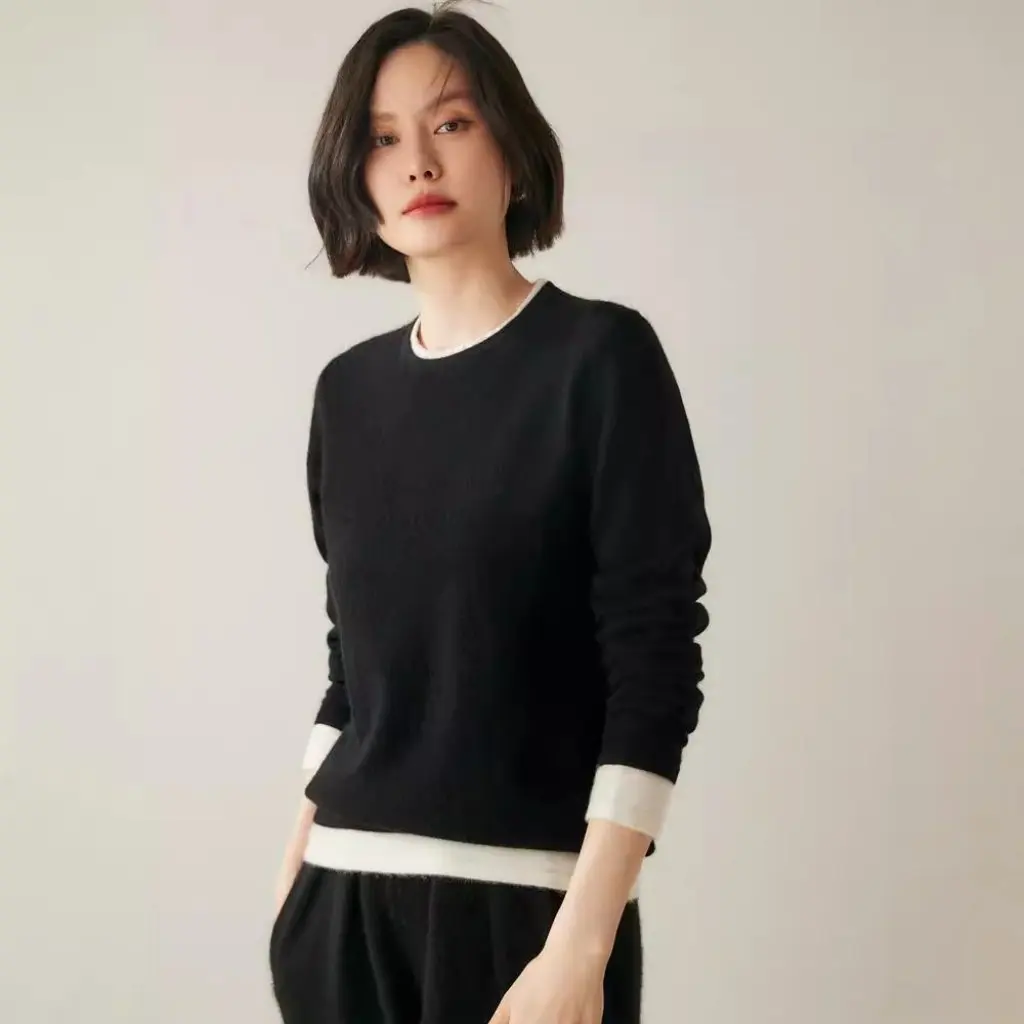

Women's Cashmere Fake Two-Piece round Neck Colorblock Loose Pullover Casual Wool Sweater Comfortable Fashionable Knitwear