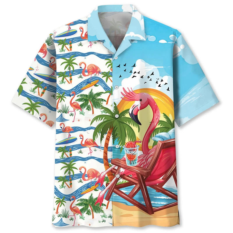 

New Flamingo Pattern 3D Printed Men's Shirt Short Sleeve Summer Fashion Hawaiian Casual Pop Beach Shirts Unisex Button Y2k Tops