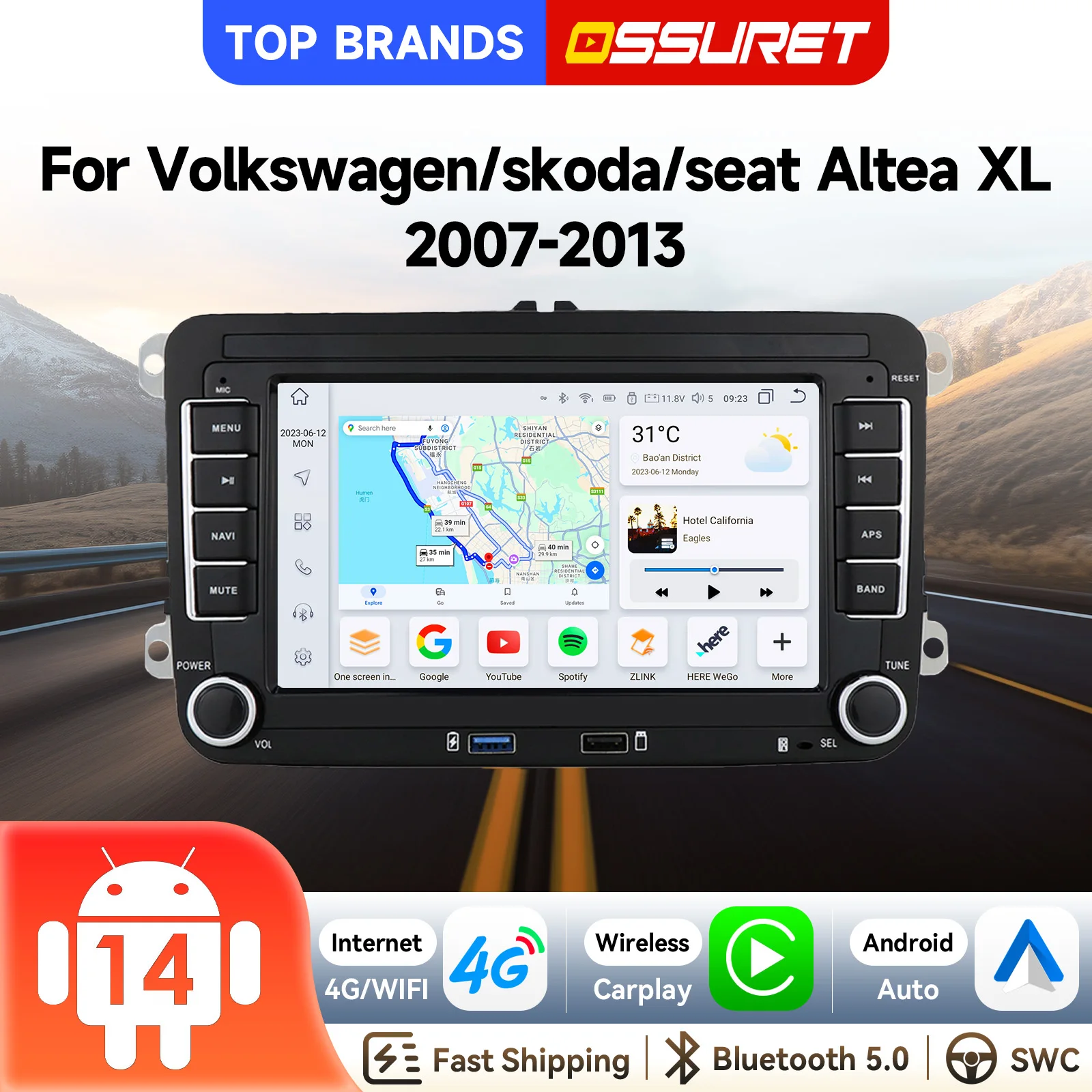 OSSURET 7 Zoll Android 14 Wireless CarPlay Android Auto GPS für VW Volkswagen PASSAT TOURAN GOLF TIGUAN POLO für Skoda Octavia Yeti Superb für Seat Toledo Leon Plug-and-Play Bluetooth AI WIFI DSP RDS