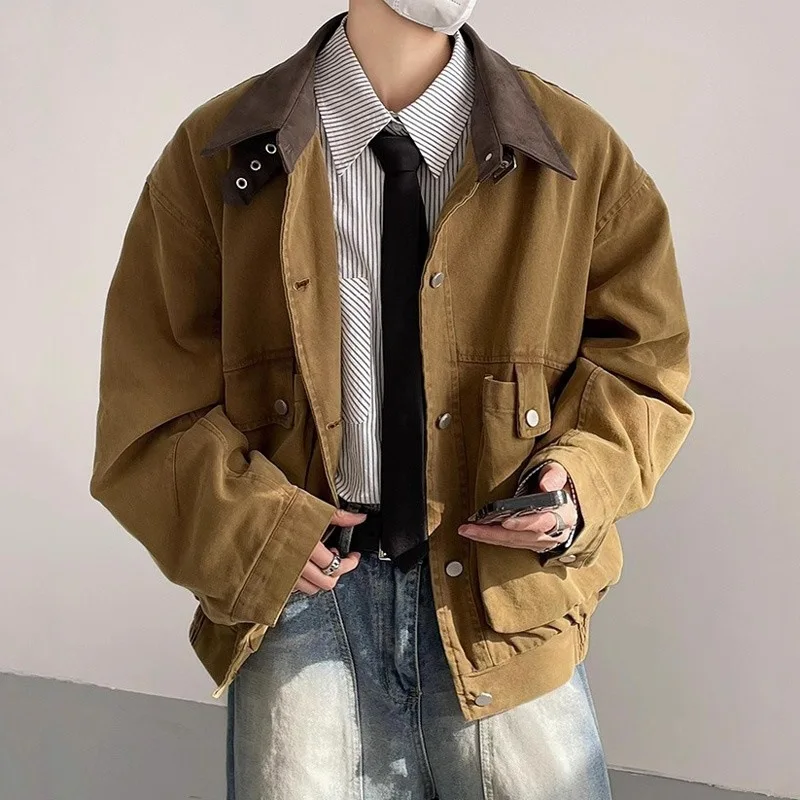 2025 New Leather Collar Patchwork Utility Jacket Unisex Loose Casual Large Pocket Retro Design Sense Top