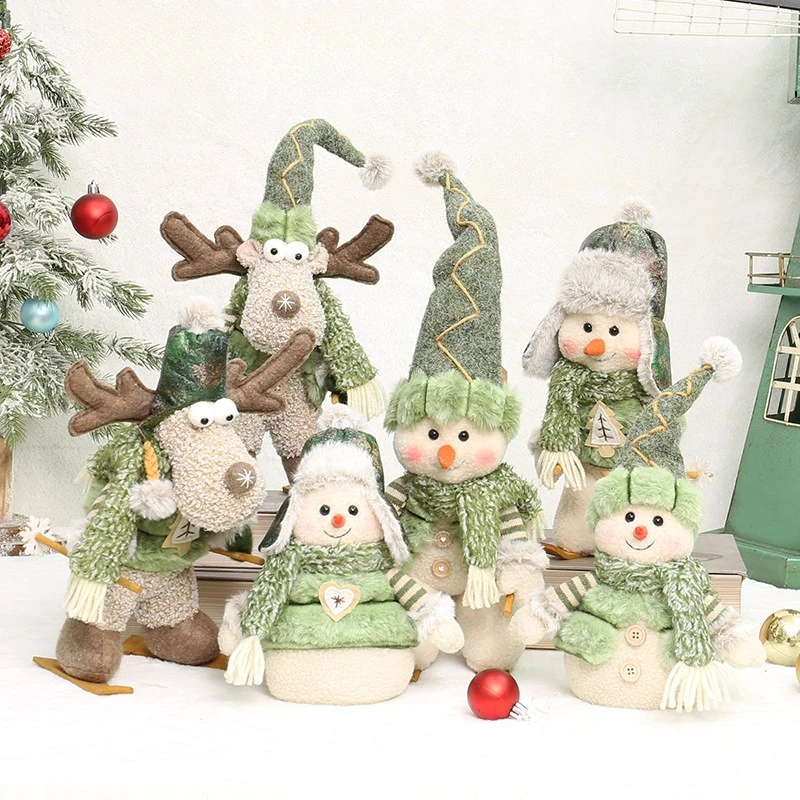 Fabric Christmas Ornaments Green Snowman & Elk Dolls, Skiing Figurines, Hotel Mall Scene Layout, Xmas Decor Winter Tabletop Gift