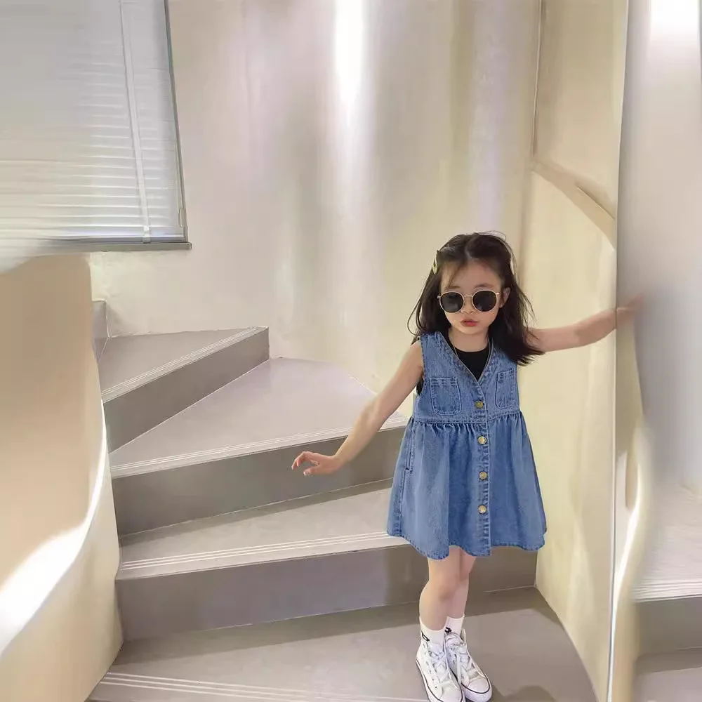 Baby Girls Denim Dress, Spring and Autumn 2 to 8 Years Children Clothes, Korean Baby Sleeveless Dress