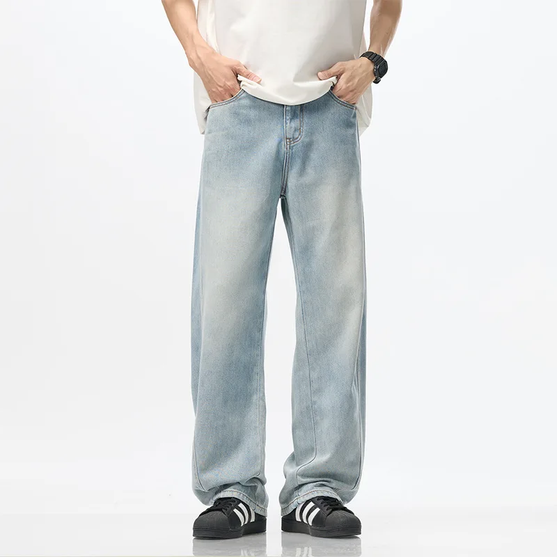 

Мужские летние корейские версии 2025, новые модные универсальные светло-голубые джинсовые свободные тонкие прямые брюки в форме ножа