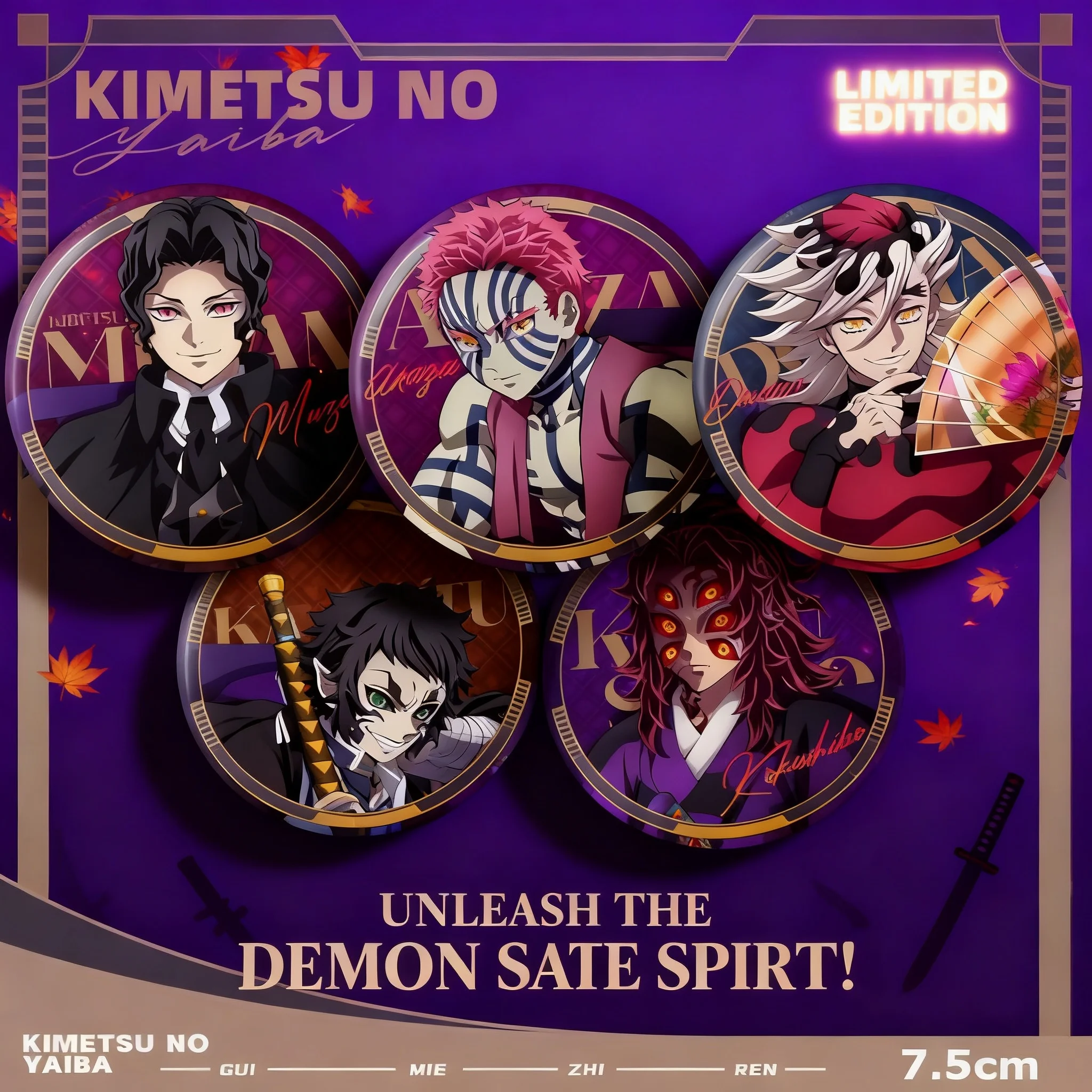Insignia de Anime Demon Slayer de 75 mm, Serie de Personajes de Kimetsu no Yaiba, Kokushibo, Kaigaku, Douma, Muzan, Akaza, Mercancía Coleccionable