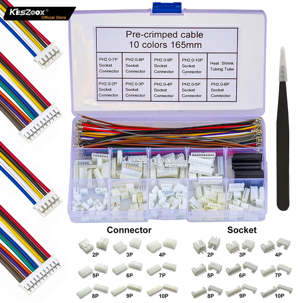 Złącza Keszoox 2mm JST PH 2.0mm PHR HY 2.0 Złącza męskie żeńskie Obudowa z wstępnie zaciskanym kablem Zestaw złączy JST