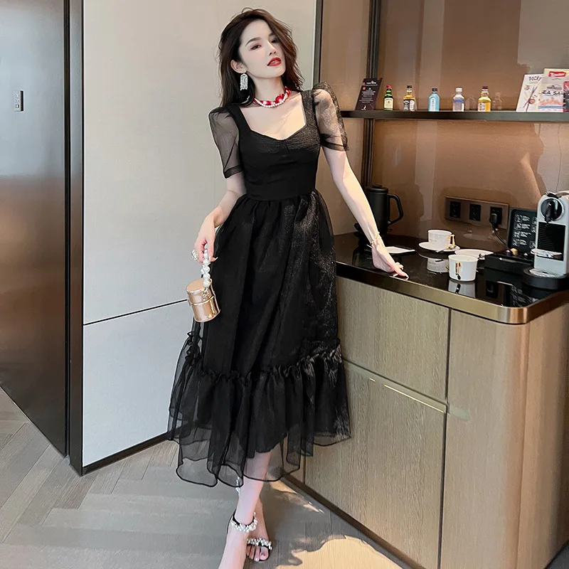 Letnia Nowa Damska Sukienka z Organzy w Stylu Mori, z Delikatnym Temperamentem, z Marszczeniem w Talii i Efektem Puszystości, Sukienka Lisianthus