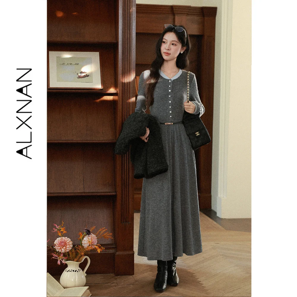 ALXNAN Women's Grey Faux Layered Long Sleeve Midi Dress Button Front Slimming Versatile Commuter Minimalist Autumn 2026 L68720