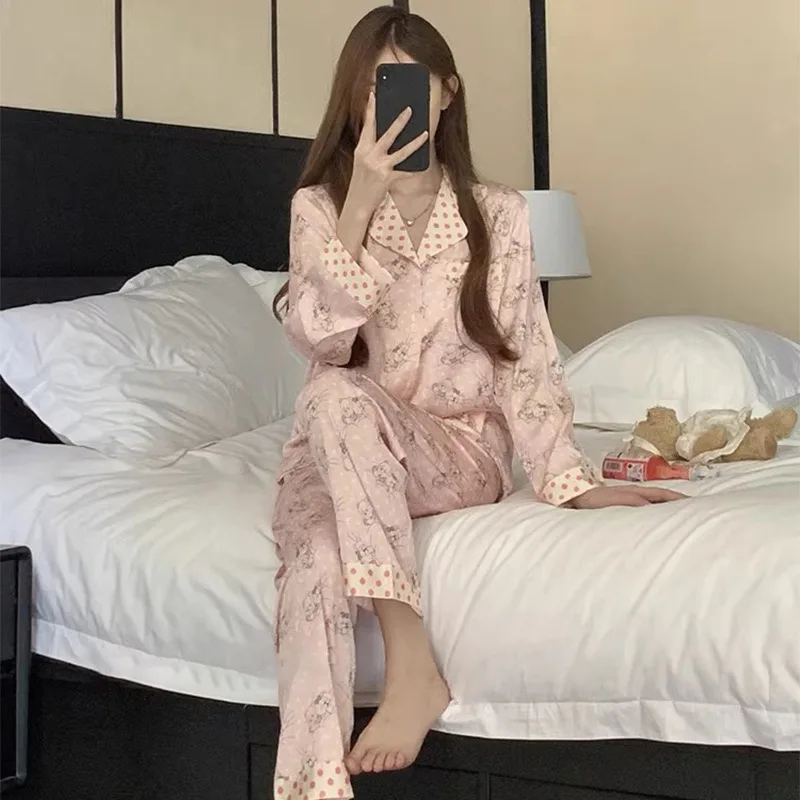 Long Sleeves Long Pants Satin Silk Pajamas Women Spring Summer Cardigan Bear Sleepwear Thin Homewear Sweet Pyjamas Girl Pijamas