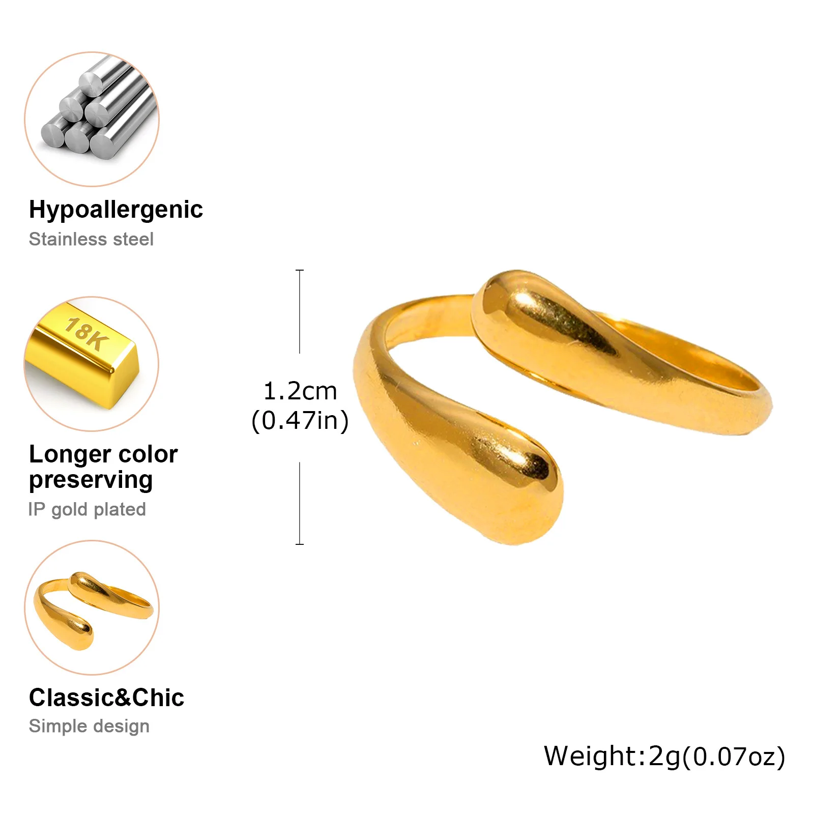 Open Stackable Knuckle Rings for Women, Adjustable Stainless Steel Statement Ring, Hypoallergenic Nickel Free