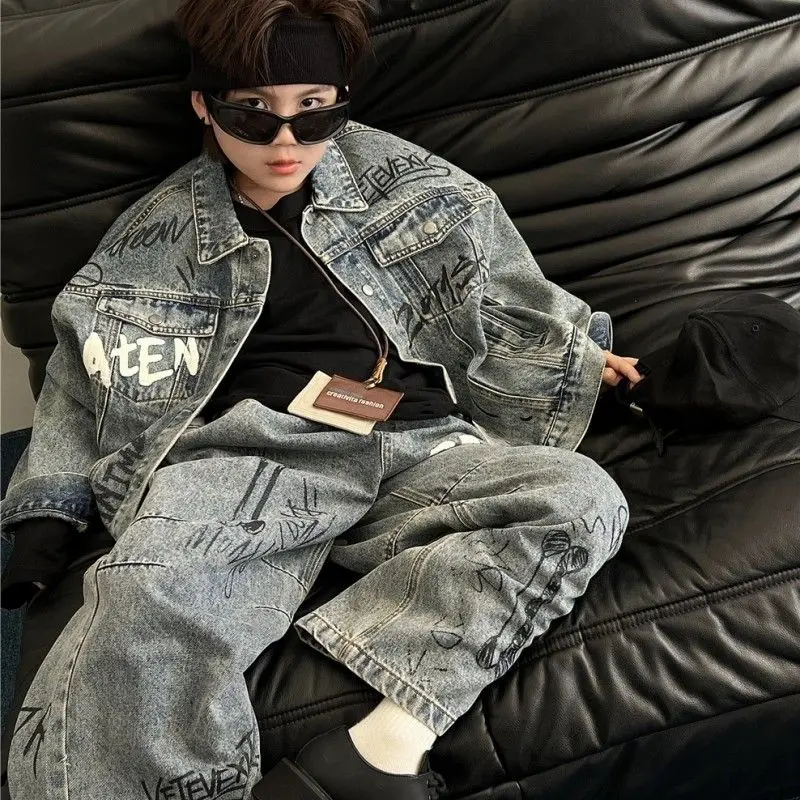 Summer Baby Boys 2Pcs Letter Graffiti Jean Coat Top Jacket+Pants Suit Children Outfit Fashion Casual Sets Handsome Streetwear Cl