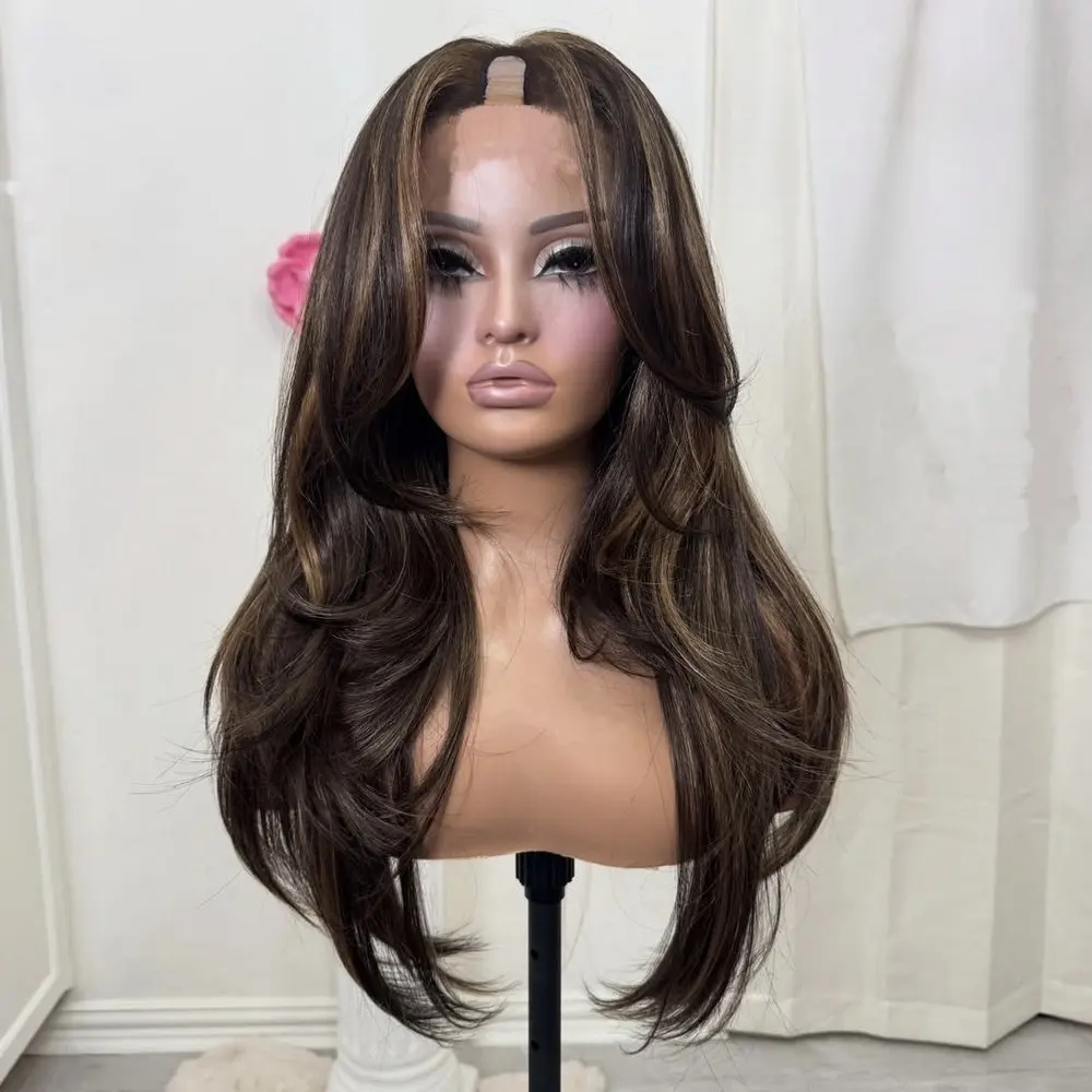 Remy Echthaar, schwarze Damenperücke, 1*4 Größe, U-Part-Perücke, natürlich glatt, mit honigbraunen Highlights, klebefrei, verstellbar mit Clips, V-Part-Perücke – Detail 2