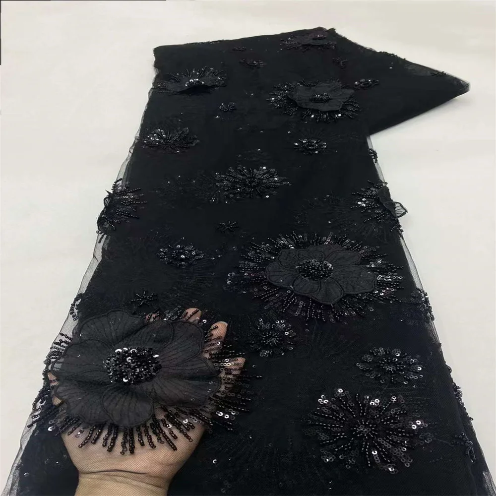 African 3D Flower Applique Lace Fabric 2023 High Quality Black Embroidered French Tulle Luxury Sequins Beads Wedding Bridal Lace