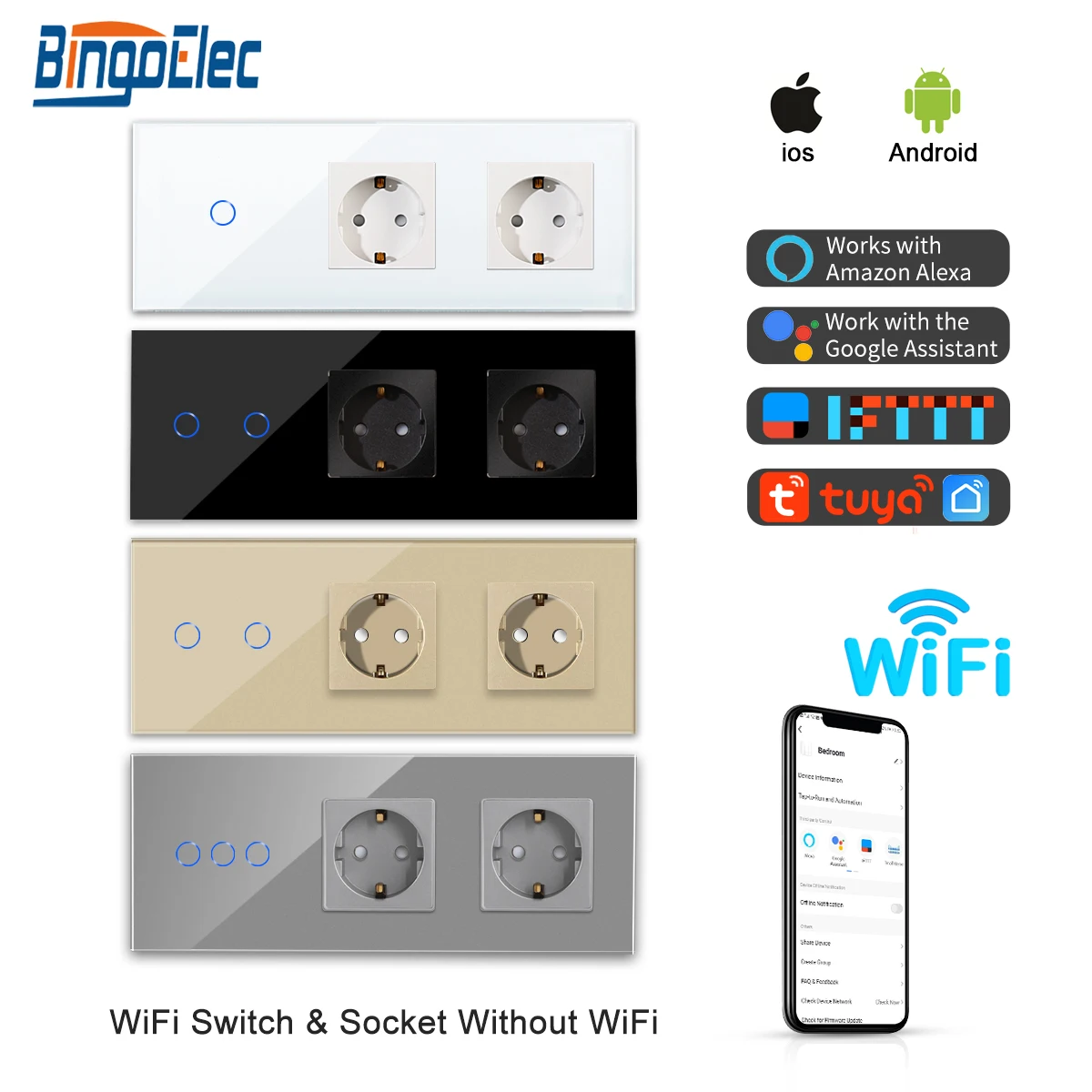 Imagem -02 - Bingoelec-wifi Interruptor de Toque de Parede Gang 1w Normal ue Duplo Plugues Interruptores de Luz Funciona com Alexa Tuya Google Casa