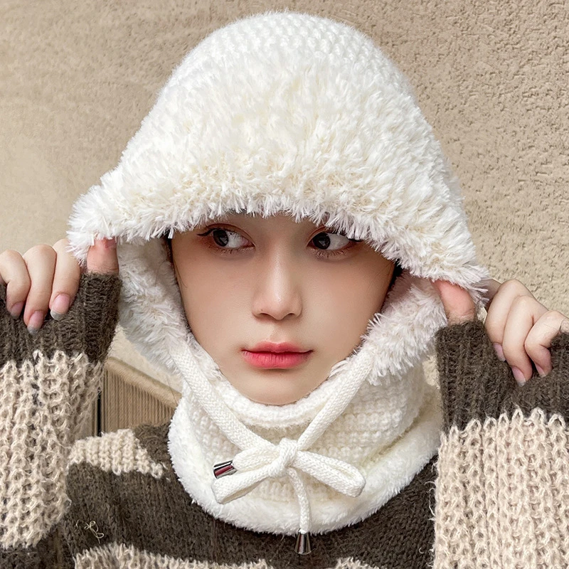 Russian Style Women Knitted Winter Hat, Fleece Lined Hat & Neck Warmer One Piece Cap for Outdoor Riding