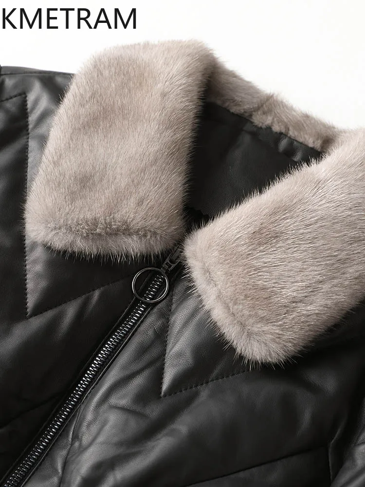 100% シープスキンダウンコート女性本革ショートフグジャケットミンクの毛皮の襟 2025 冬服女性 пуховик