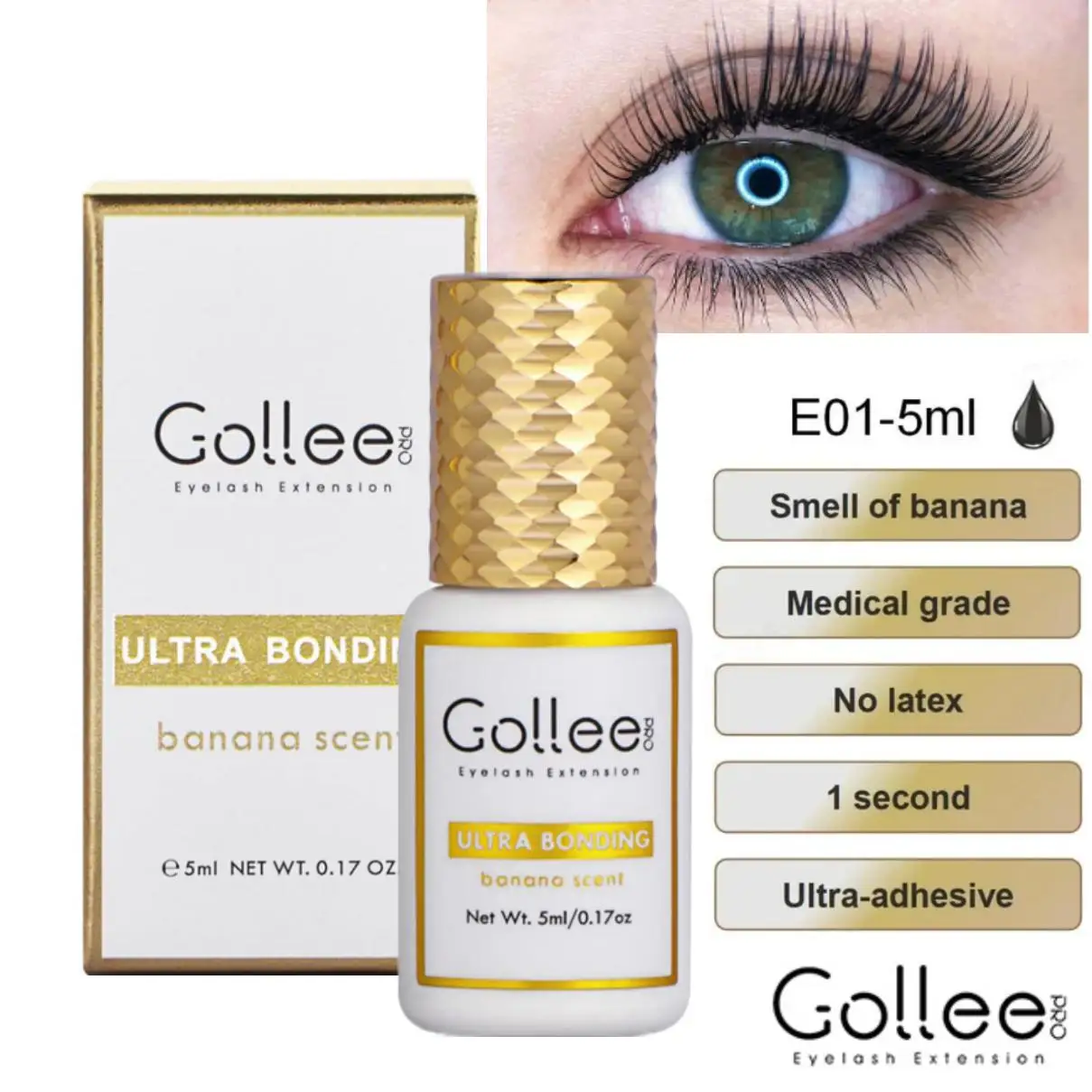 10pcs Gollee Banana Scent Eyelash Extension Glue 1S Fast Drying Non-irritating False Eye Lash Adhesive Safe Strong Long Lasting