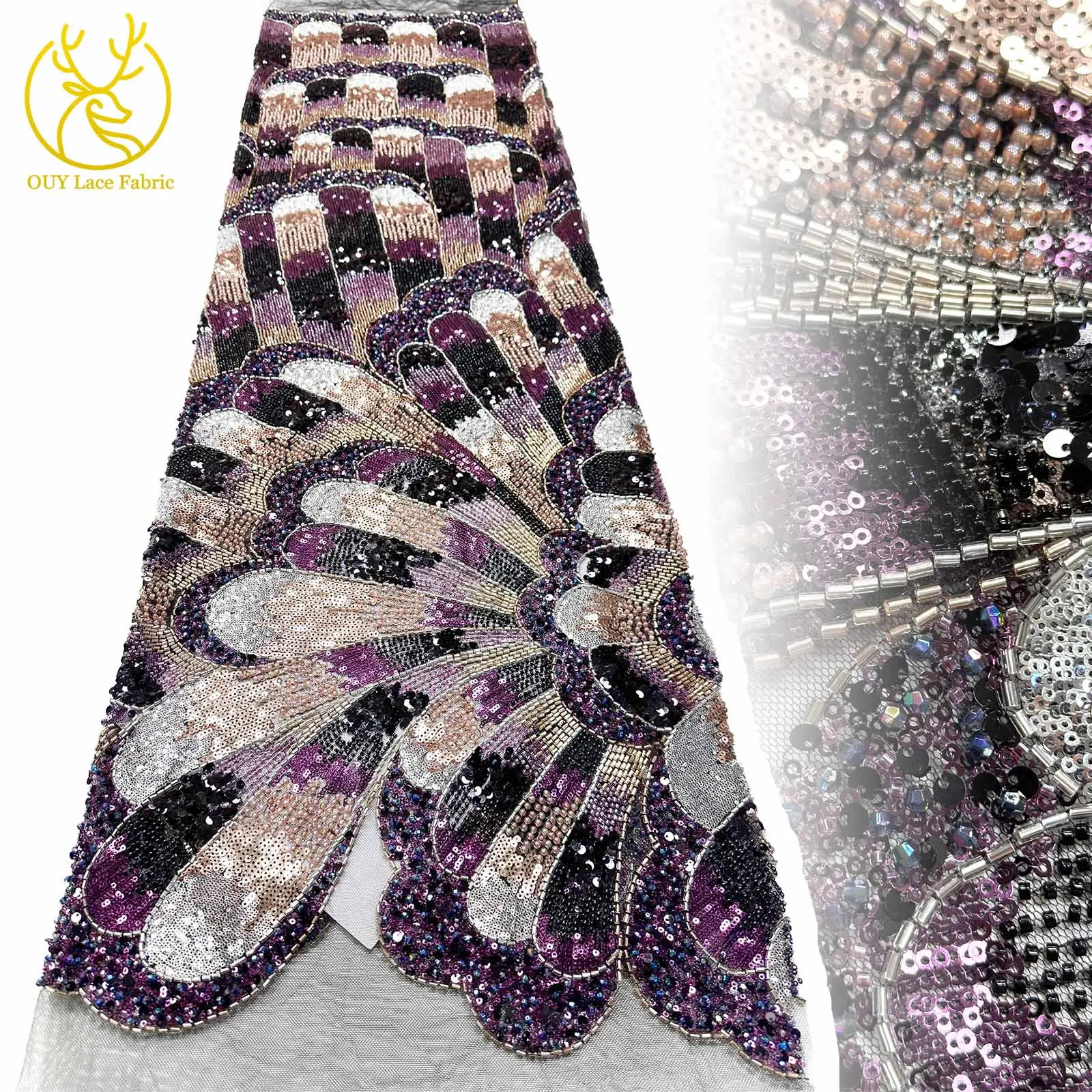 

Luxury and Elegant French Handmade Beaded Embroidery Lace Fabric 2025 Nigerian African Sequin Lace Fabric for Dinner Dresses
