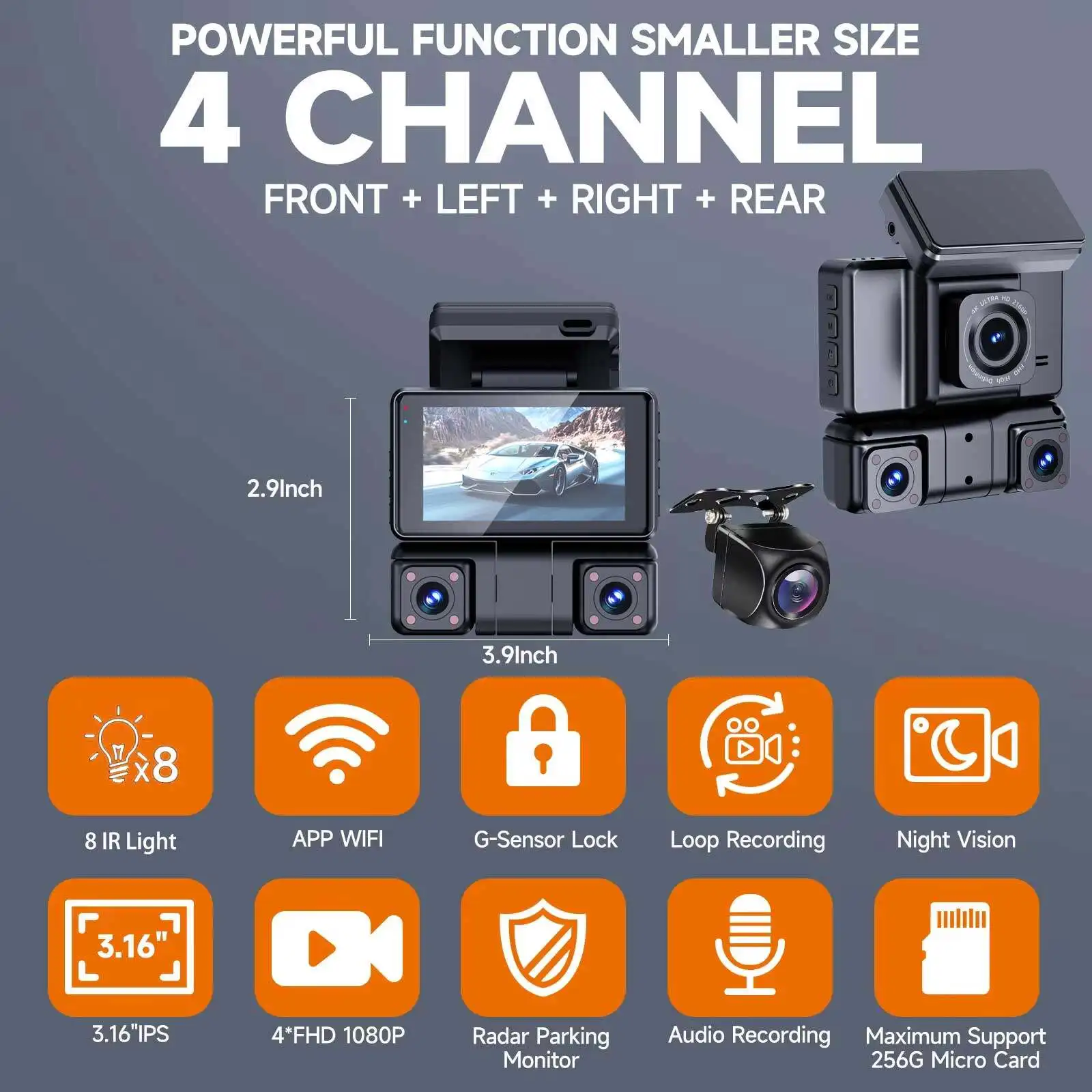 4 Channel Dash Camera 360° View 4*1080P Front and Rear Left Right Wi-Fi Dash Cam for Cars 24h/7 Parking Mode DVR Registrator