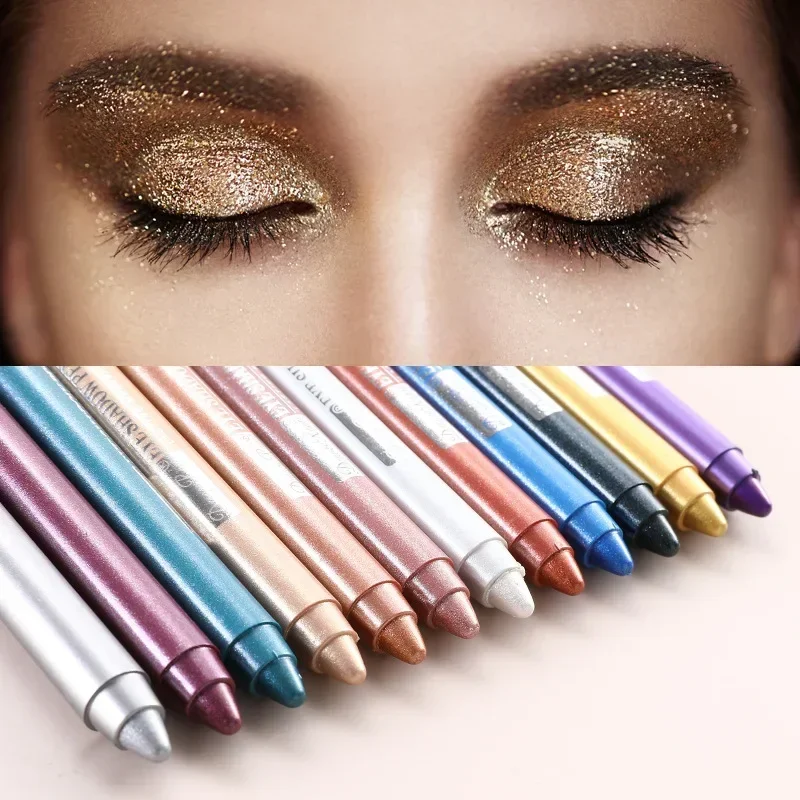 Eyeliner do powiek pędzelek do cieniowania powiek leżącego jedwabnika perła z temperowką 12 kolorów naturalny trwały przenośny 2-in-1