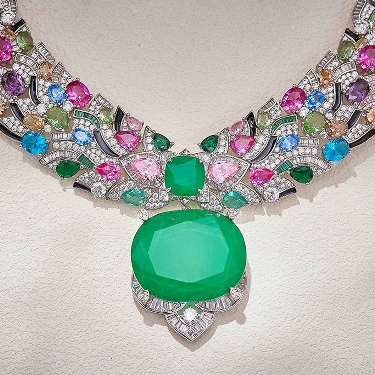 

Dubai New Tendy Colored Stone Lab Huge Oval Cut Emerald Gemstone Necklaces Long Big Earrings Bracelet Woman Luxury Jewelry Set