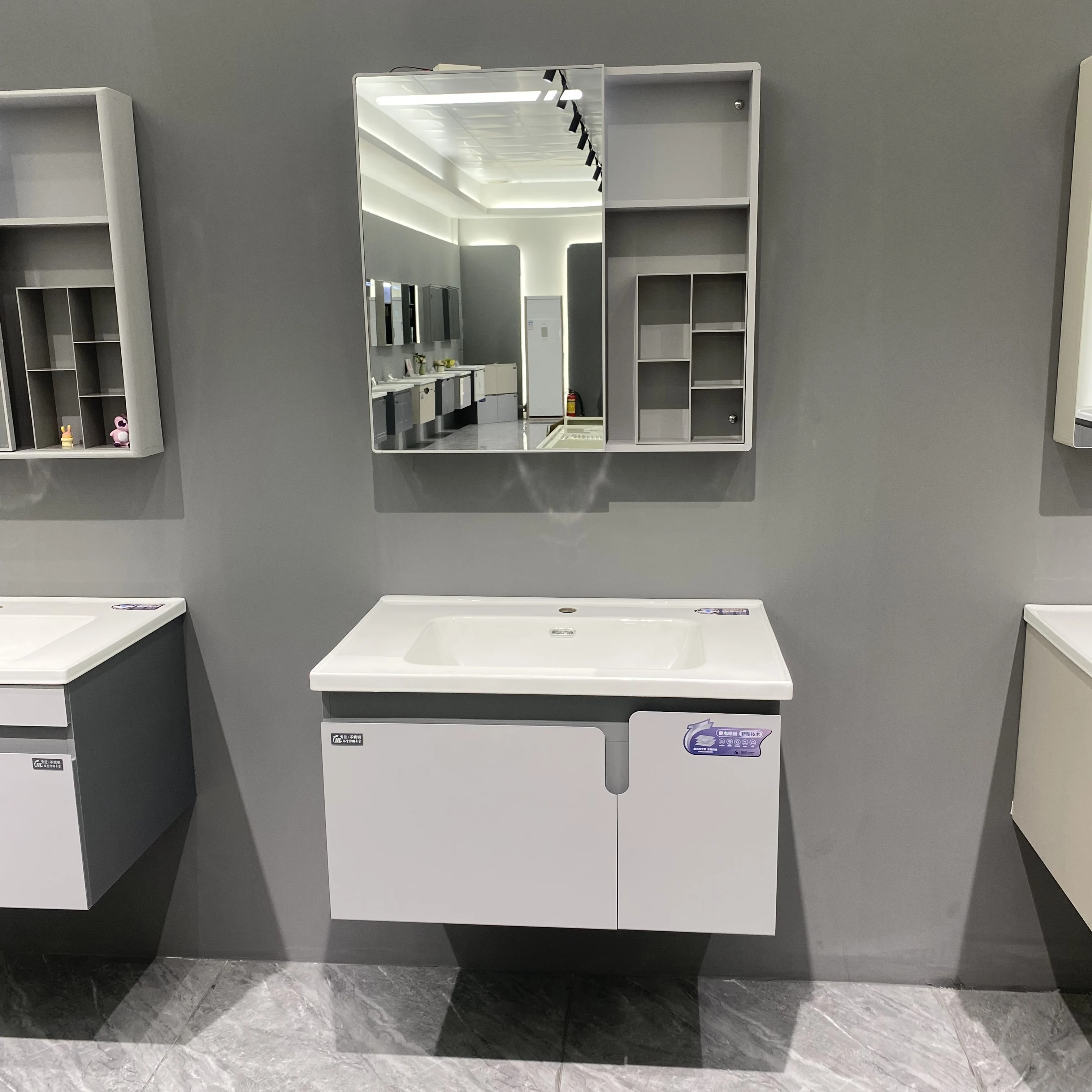 Modern Design Easy To Clean Ceramic Wall-Mounted Washbasin Vanity Cabinet Set Lighted Mirror For Hotel Use Bathroom Vanities