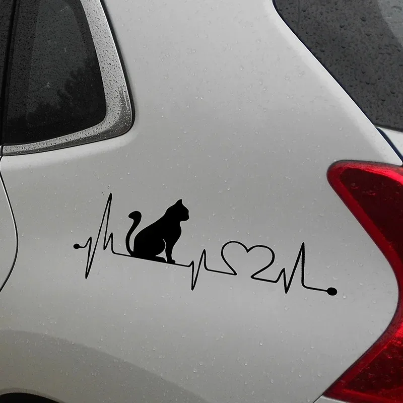 Car Stickers Cat with Cartoon Electrocardiogram Decals Fashion Wall Stickers Bathroom Decoration Anime Decor Car Accessories