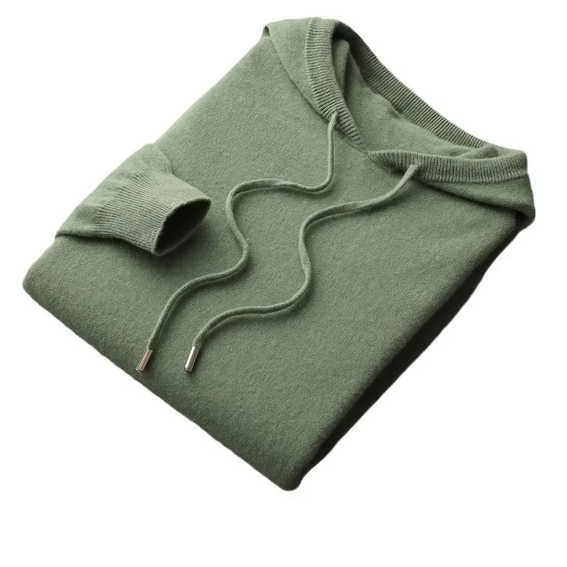 Men's 100% Wool  Hooded Sweater Autumn Winter New 2024 Sweater Hooded Collar Knitted Pullover Casual long Sleeved Hoodie