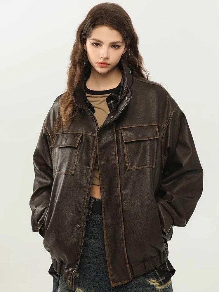 

Mueyaruho 2025, зима-осень, женская винтажная однотонная кожаная куртка в стиле ретро, однотонная свободная верхняя одежда с длинными рукавами, пальто большого размера для женщин