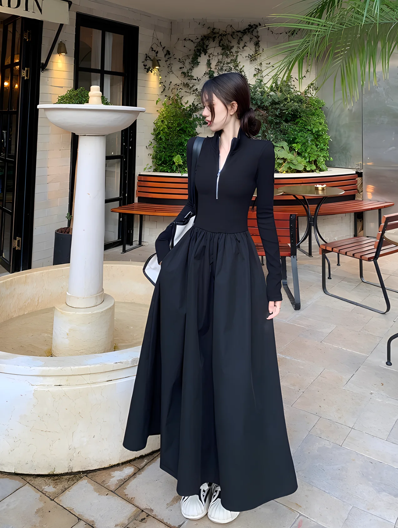 Women's autumn American casual slim dress knitted splicing long sleeve umbrella skirt waist slimming temperament elegant swing l