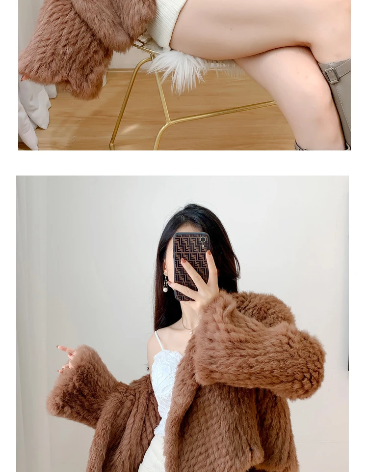 Long Sleeve Casual Loose Knitted Real Rabbit Fur Hooded Coat Women Genuine Natural Rabbit Fur Outwear Female Fur Jacket