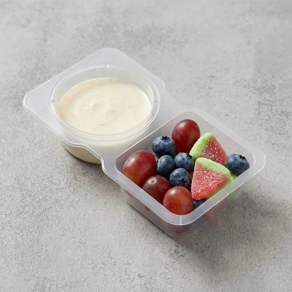 Two Compartment Disposable Clear Plastic Snack Containers Divided Fruit Candy Dip Sauce To-Go Boxes Portable Separated Food Storage Trays for Kids Lunch Picnic Travel Party
