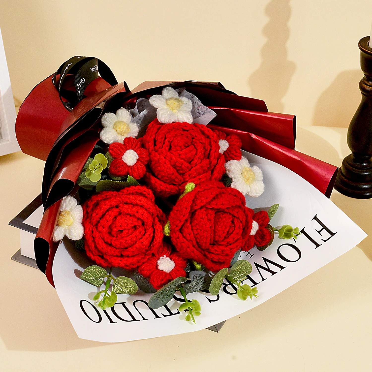 باقة زهور كروشيه حمراء مصنوعة يدويًا، باقات زهور كروشيه لعيد الأم، عيد الحب، الذكرى السنوية، عيد الميلاد #2