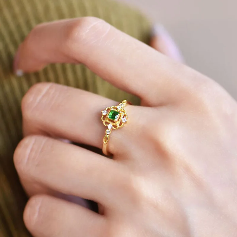 LAMOON 925 Sterling Silver Rings For Women Vingtage Synthetic Emerald Ring Gold Plated Jewelry Wedding Engagement Accessories