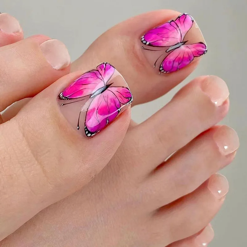 

24pcs Nude Pink Press-On Toe Nails - Minimalist Solid Color with Pink Butterfly False Pedicure Set Toenail For Women Girl
