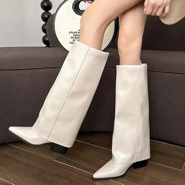 Chunk Leather High Boots Women Knee High Pointer Toe Heels Shoes Woman Trend Chelsea Boots New Pumps Mujer Snow Gladiator Botas