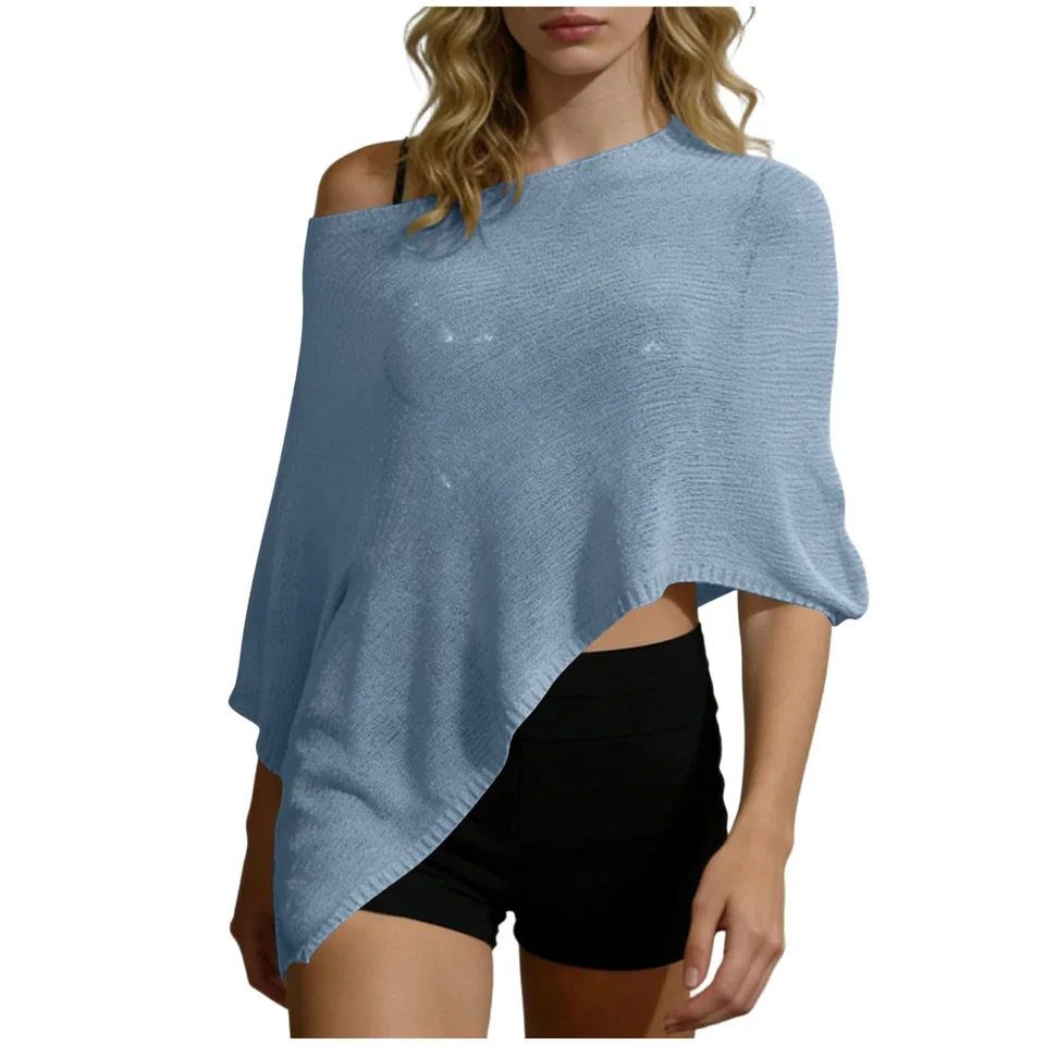 Womens Sheer Poncho Top Lightweight Knit Shrug Shawl Off The Shoulder Asymmetrical Cape Summer Vacation Beach Cover Up Tops