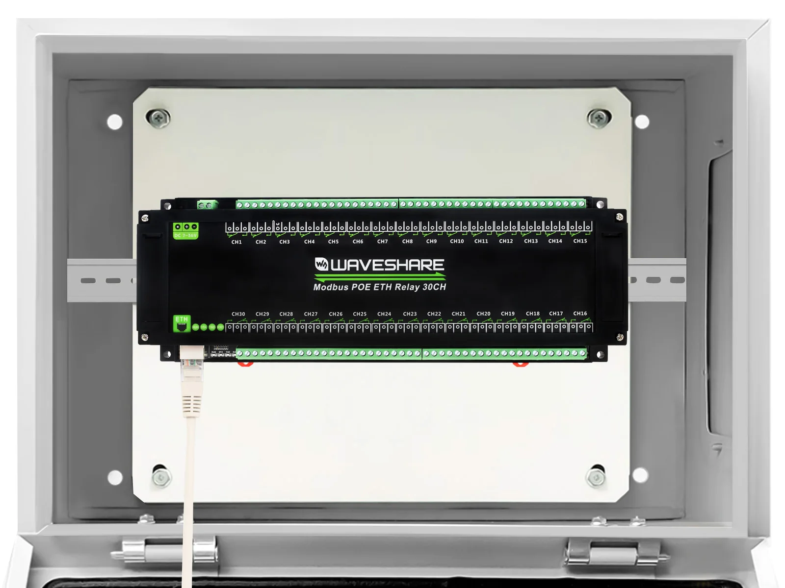 Waveshare 30-Ch Ethernet Relay Module, Modbus RTU/Modbus TCP Protocol, PoE Port, Industrial Grade Rail-Mount Case