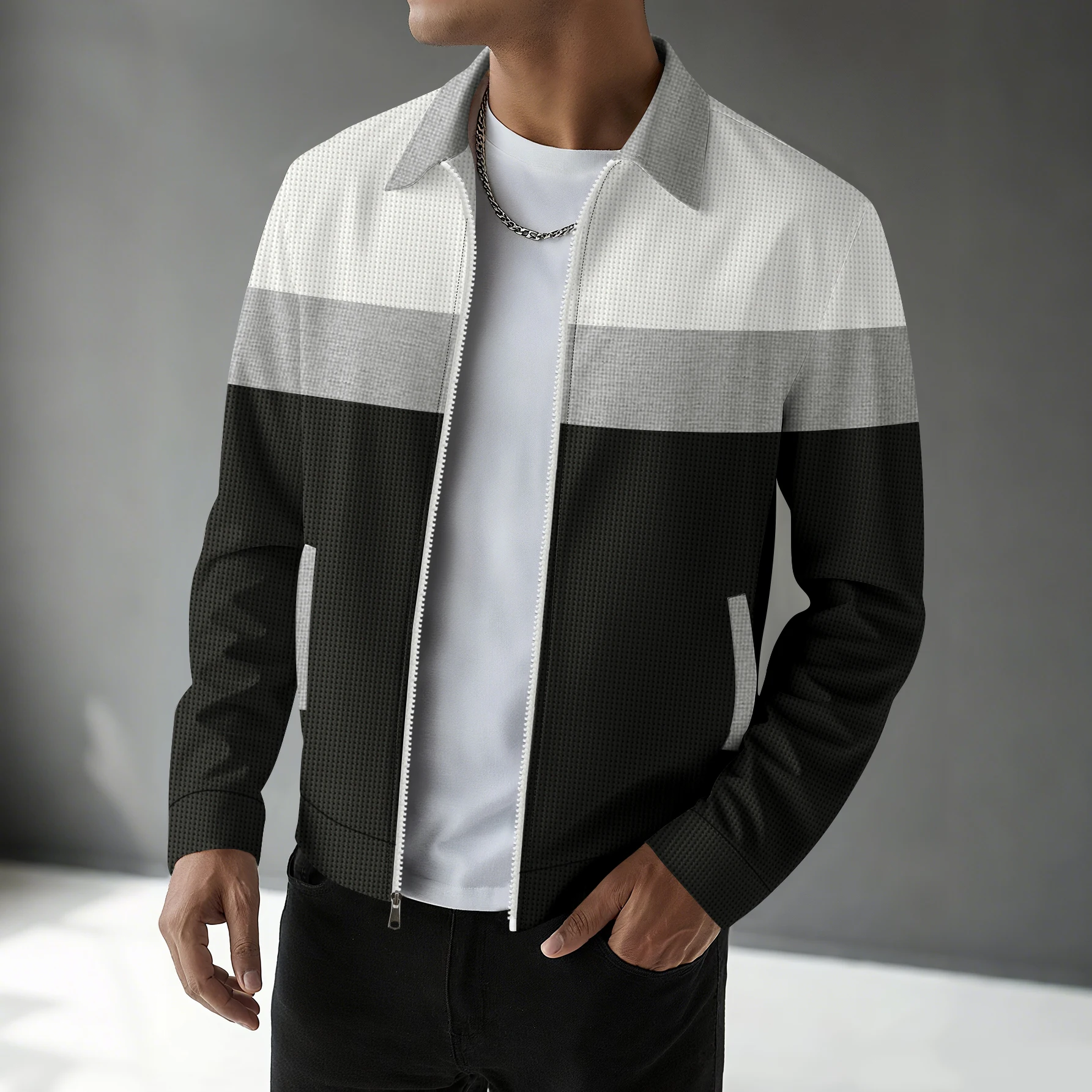 Men's Waffle Knit Color Block Zip Up Jacket - Casual Long Sleeve Turn Down Collar Bomber Jacket with Side Pockets