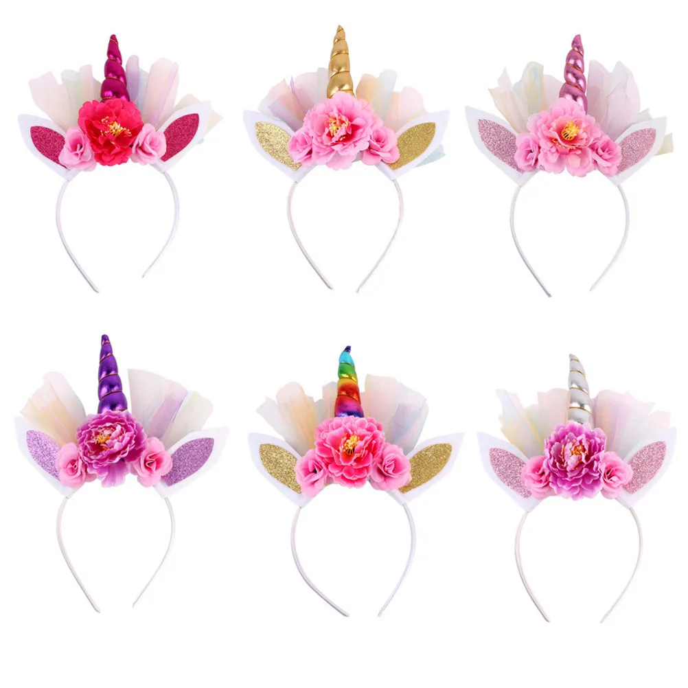 

Блестящая повязка на голову с единорогом 30x22 см с цветочным декором и ушками животных, легкий регулируемый головной убор для женщин, для фестивалей