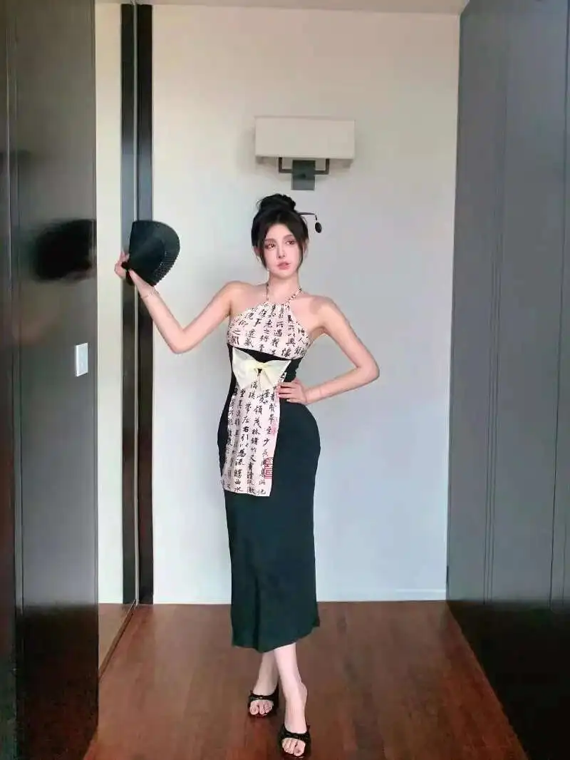 Style Ink Chinese Wash Printed Hanging Neck Dress Women Summer Bow Design Sense Split Fork High Waisted Slim Long Dress 9HP2