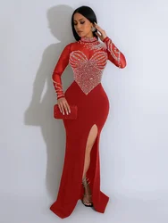 Women Dress Floor Length Dresses Round Neck Full Sleeve Party Gown Hot Drilling Hip Wrap Sexy Slim Fit Vestidos Evening
