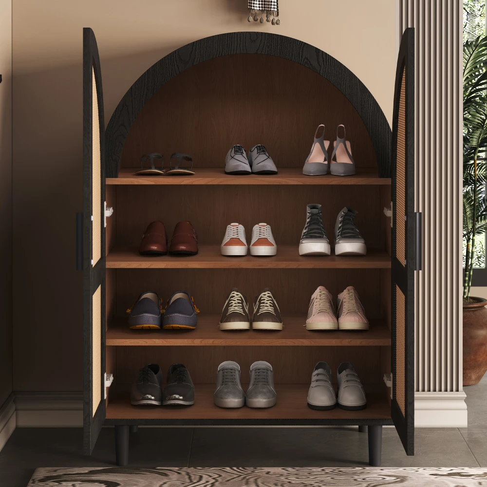 Elegantes Sideboard/Schuhschrank mit abgerundeten Außentüren, gebrochenen Rattan und drei Regalen. – Detail 9