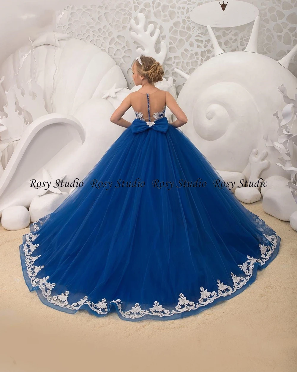 Princess Jewel Flower Girl Dresses Tulle Ball Gown First Communion Dress Embroidery Blue Children Birthday Gown