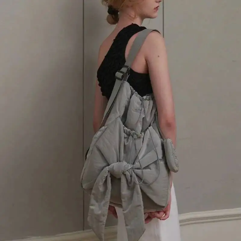 Bloom Hot Girls Nylon Grey Handbag Y2k Women Retro Bow Large Capacity Casual Backpack Female Sweet Cool Backapcks Aesthetic