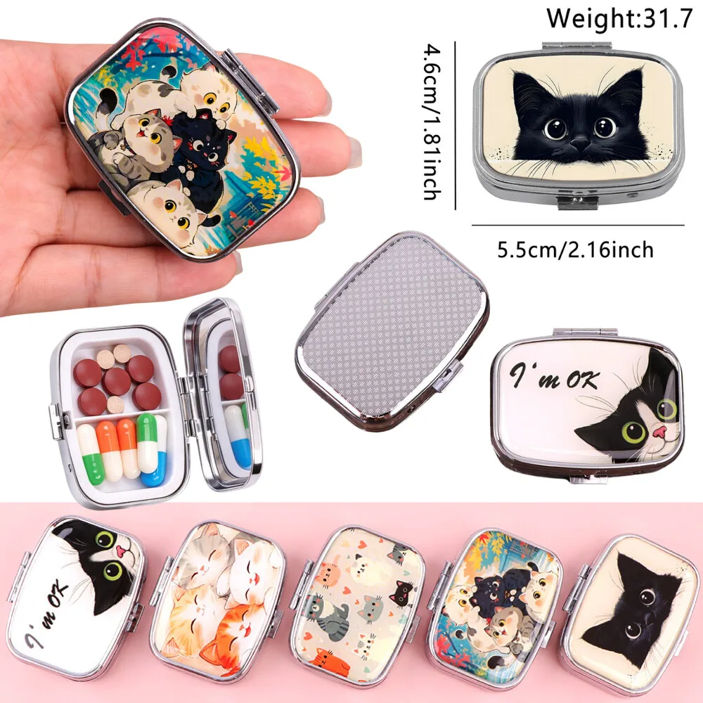 Cartoon Animals Cats Pill Box Divided Metal Square Pill Box Travel Portable Splitter Medicine Case Small Pill Container Case Box