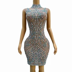 Sleeveless Evening Birthday Celebrate Costume Dance Party Clothing Silver Blue Rhinestones Nude Transparent Sexy Dress