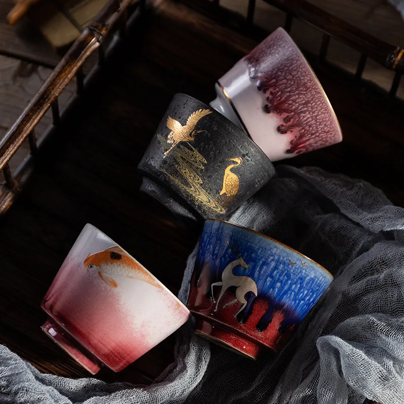 Japanese Handmade Kiln Transformation Ceramic Tea Cup Set of 4 Master Cup Individual Single Large Tea Cup Gift Box Set